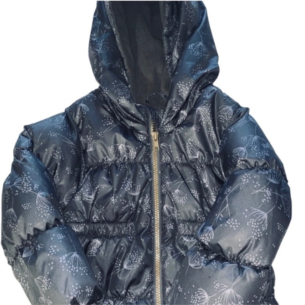 Old Navy girls hooded puffer jacket black with gray flowers size 3T zip up